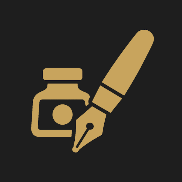 Editorial desk icon featuring an illustration of a gold fountain pen and a gold bottle of ink on a charcoal background.