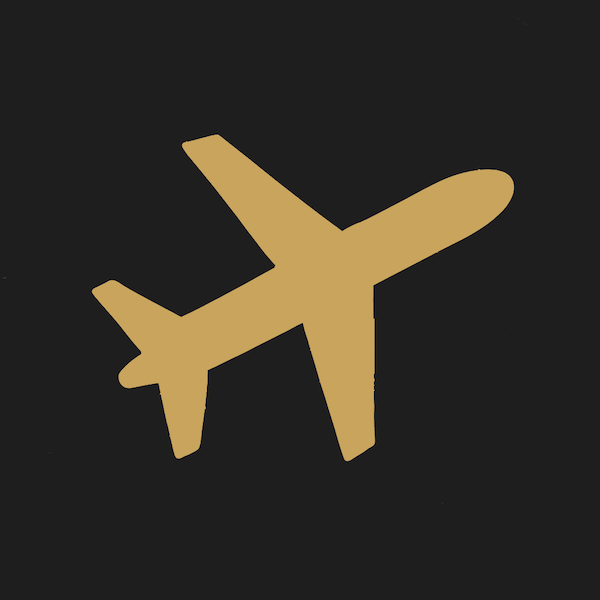 Travel desk icon featuring an illustration of jet airplane on a charcoal background.