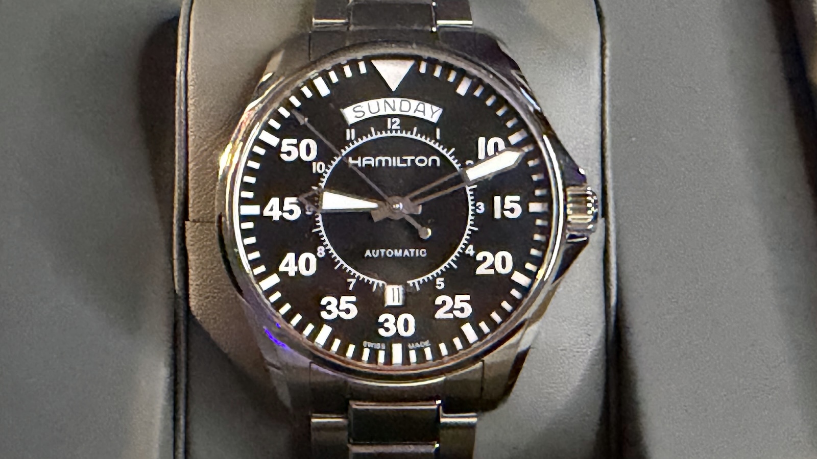A close-up of the Hamilton Khaki Aviation Pilot Day Date face.