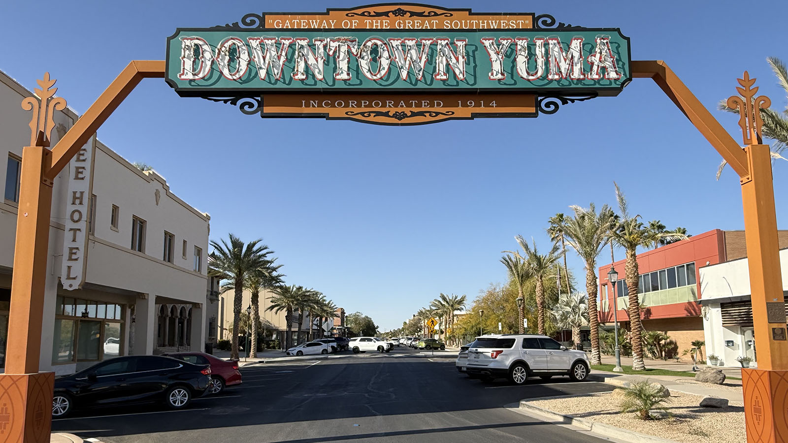 Entrance arch to Downtown Yuma&rsquo;s historic district, walking distance from Old Town shops and restaurants