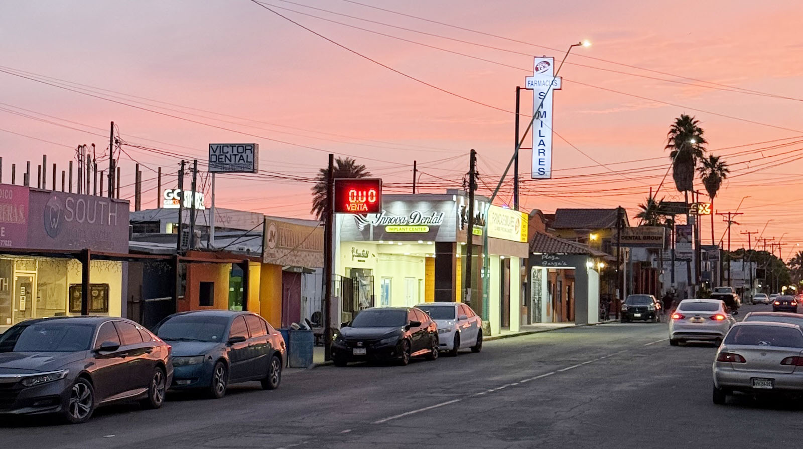 A view facing west of Avenue B in Los Algodones during sunset.