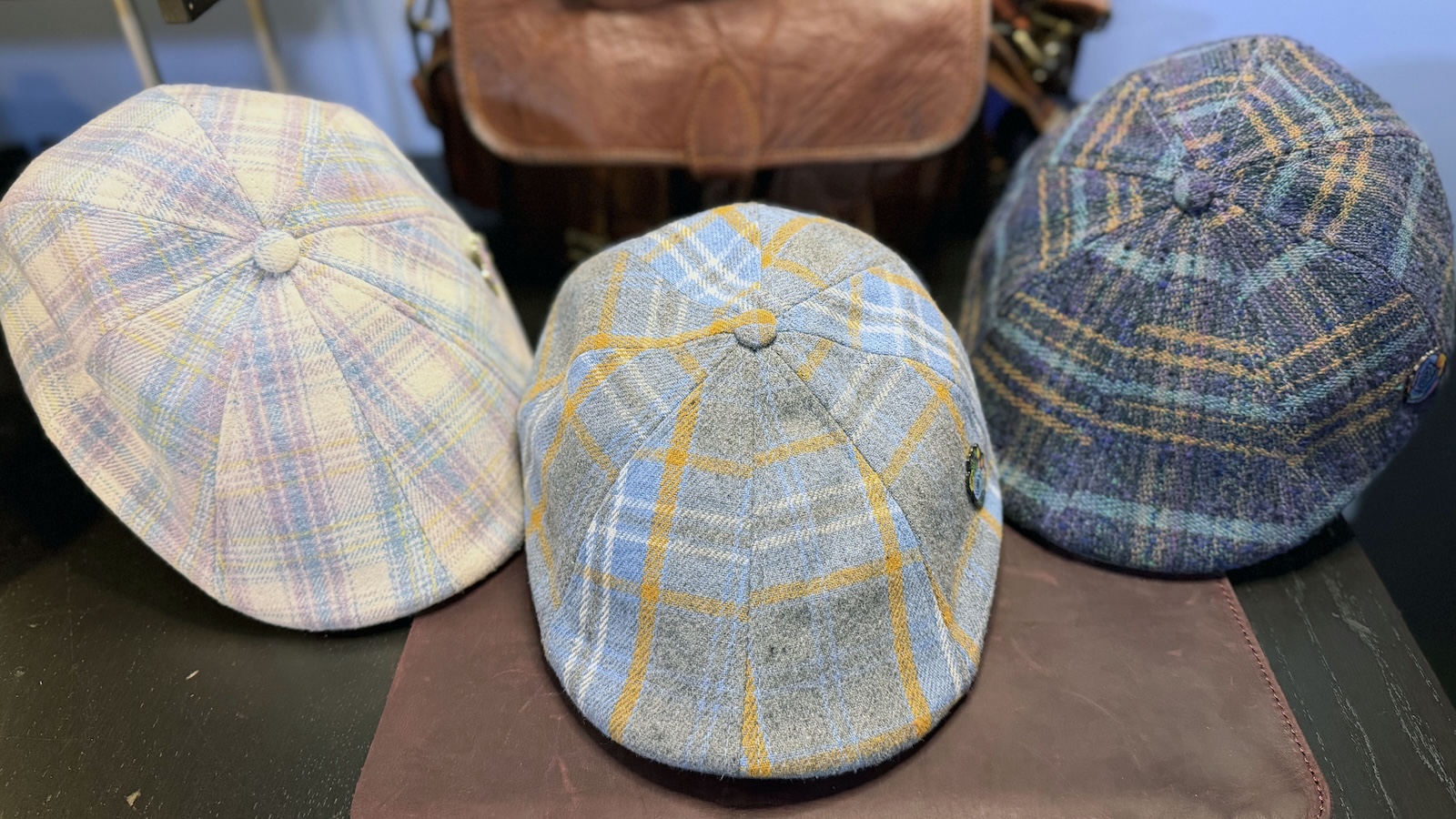 The three Boston Scally 8-panel flat caps. From left to right, there is the Cottontail, Spring Rose, and Easter Rose.