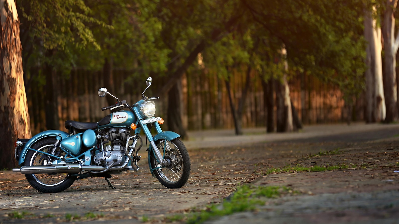 A turquoise and white Royal Enfield Classic motorcycle on a tree-lined street. The angle of the sun indicates it's near sunset.