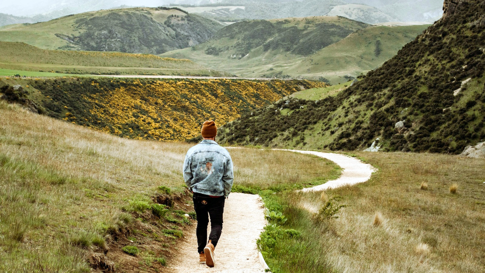 Person walking alone along a winding path through rolling green hills beneath a misty mountain landscape.